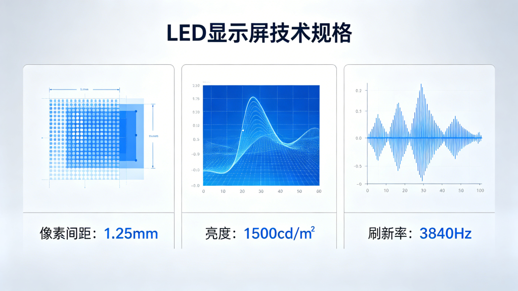 LED display showing key technical specifications for indoor and outdoor use