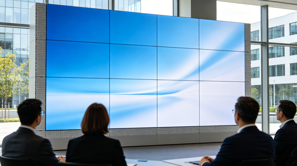 Modular LED wall panels creating a large seamless display for commercial and business use