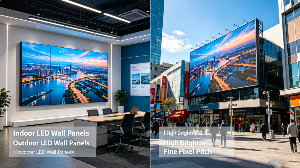 Indoor and outdoor LED wall panels comparison with pixel pitch and brightness differences
