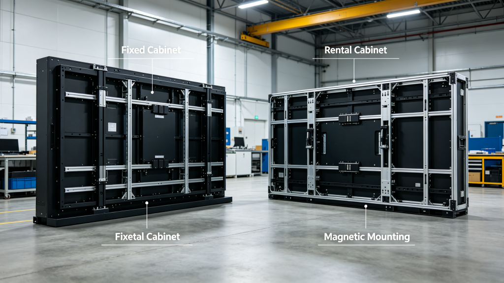 Fixed cabinet, rental cabinet and magnetic mounting design for LED screen display
