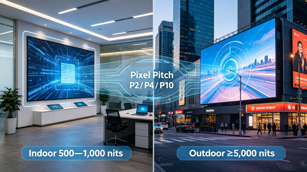 Pixel pitch and brightness comparison for indoor and outdoor LED screen display selection