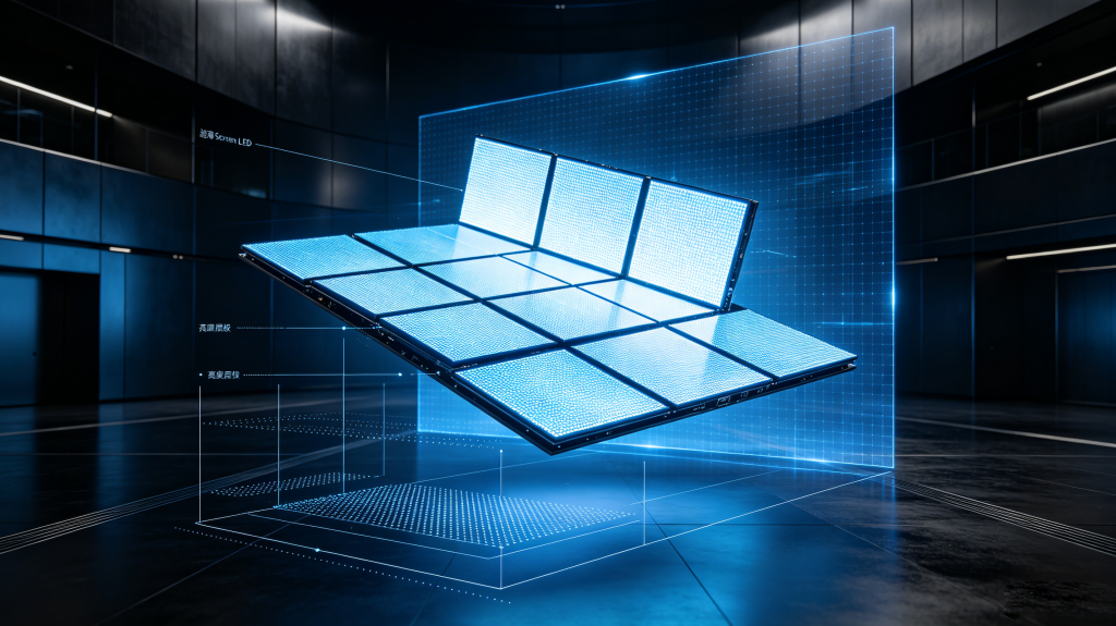 Futuristic Screen LED Display with modular panels, pixel structure and commercial lighting effect	
