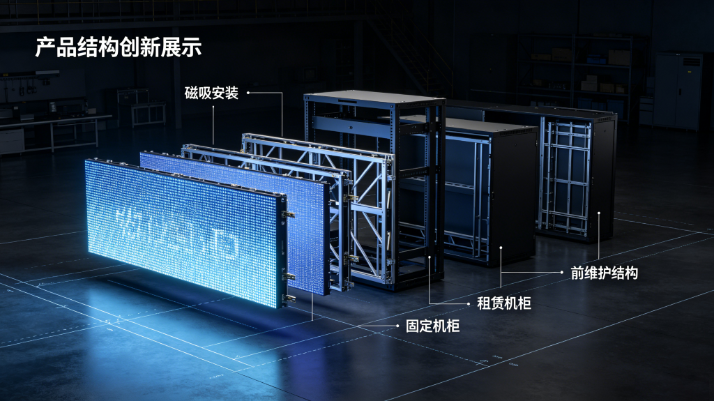Exploded view of Screen LED Display showing fixed cabinet, rental cabinet and magnetic mounting structure	