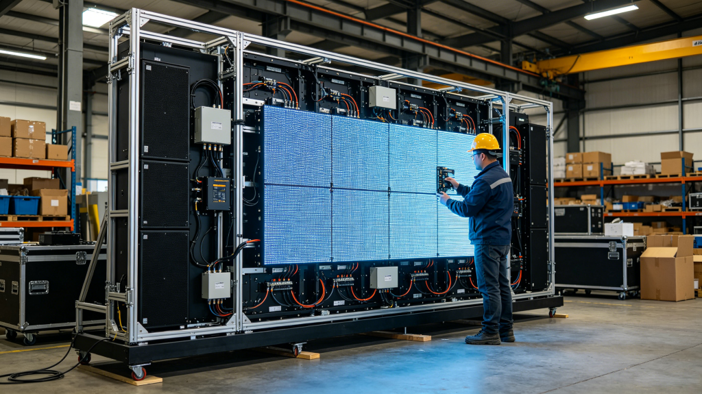Technician checking LED display LED screen cabinet, power supply and modular structure in workshop
