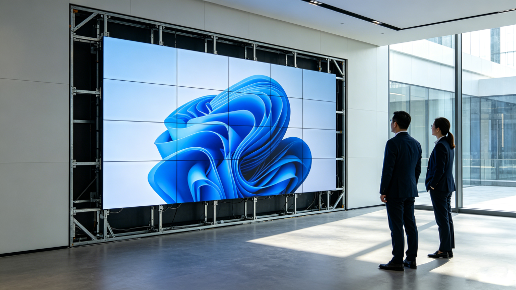Real installed LED display LED screen in modern business showroom with bright commercial content