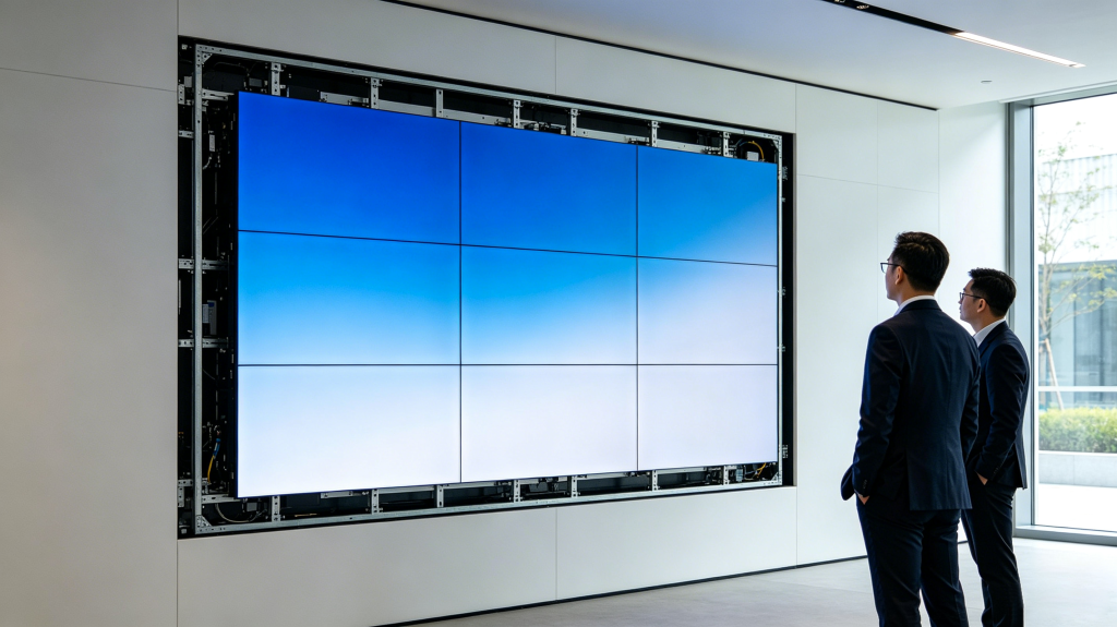 Large LED screen installed in modern business showroom with bright commercial content