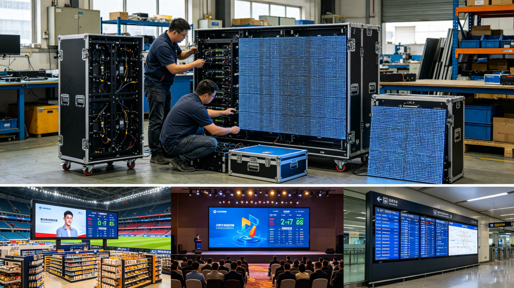 LED screen cabinet design and real applications in sports, retail, corporate events and transportation