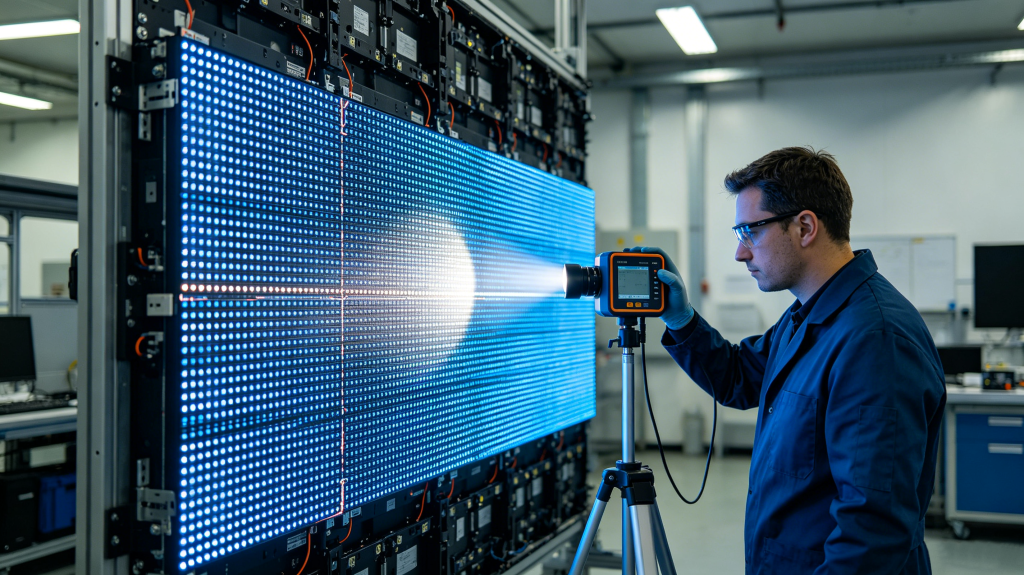 Close-up of LED screen pixel pitch and brightness testing in workshop