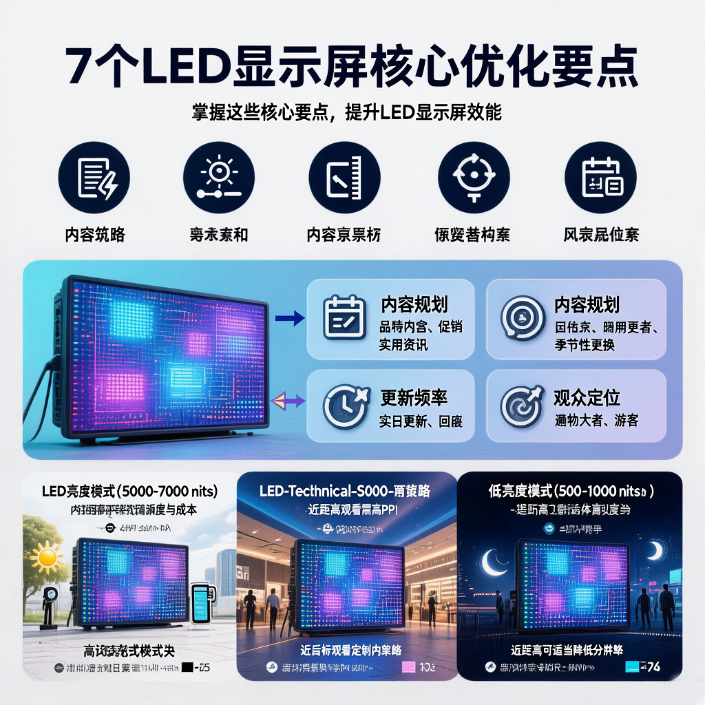 Comprehensive comparison table of LED Signage Display application scenarios including indoor advertising, outdoor billboards, conference rooms, stage rental, command centers, sports venues, and traffic guidance