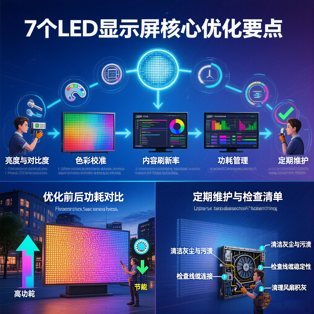 Diagram illustrating the relationship between LED Signage Display brightness and viewing distance, showing outdoor ≥ 5000 cd/m², indoor 800 - 1500 cd/m², and the formula for the optimal viewing distance corresponding to different pixel spacings.