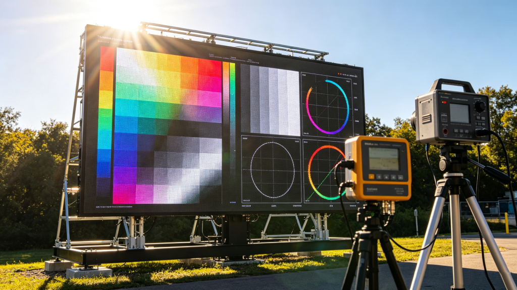 Outdoor LED screen brightness and visibility test under strong sunlight, with luminance meter, color calibration chart and clear high-contrast display content	