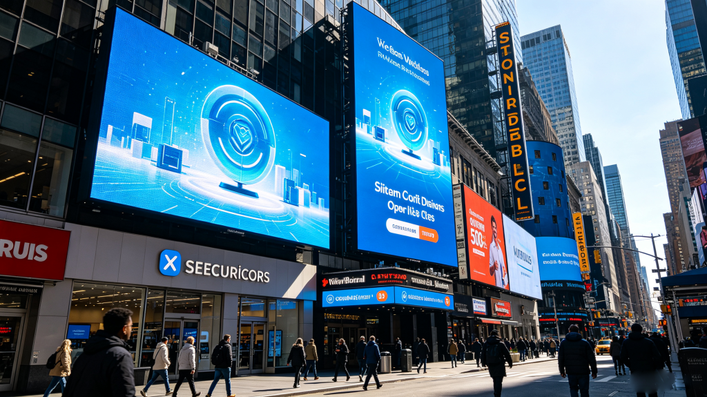Outdoor LED signs installed on storefront and building facade, showing bright commercial content visible in daylight	