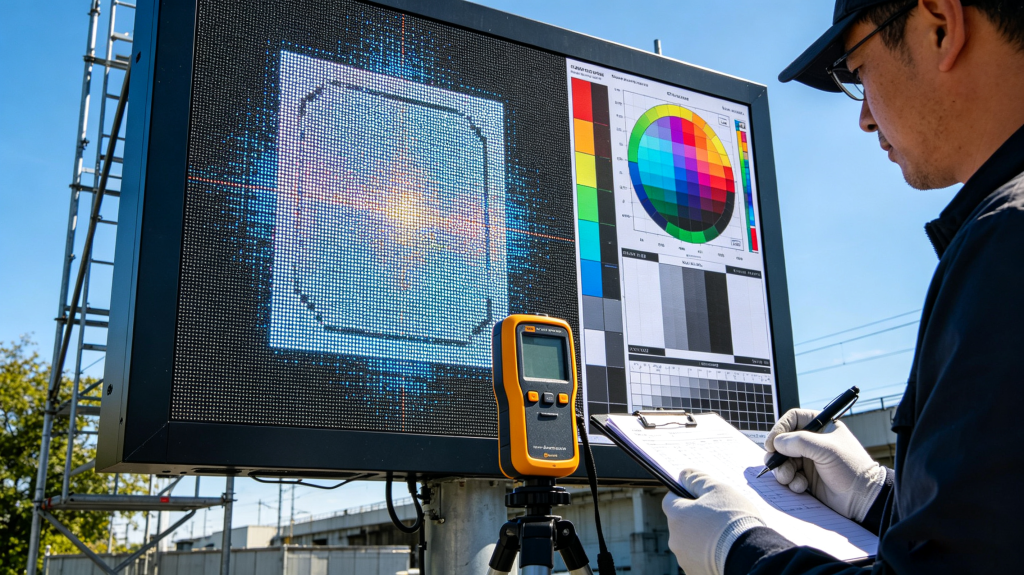 Technician testing outdoor LED sign brightness, pixel pitch, color accuracy and display clarity under direct sunlight	