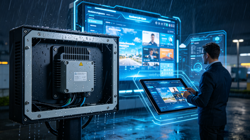 Outdoor LED sign weatherproof cabinet, IP rating structure, waterproof connector and remote content management system	