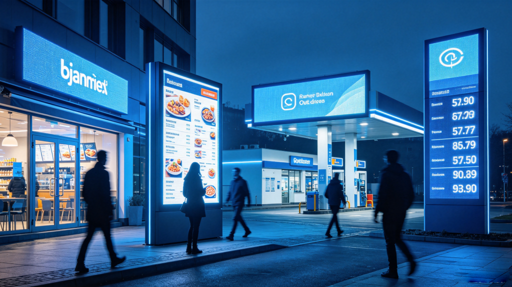 Outdoor LED signs applications for retail storefront, restaurant menu display, gas station price board and corporate lobby signage	