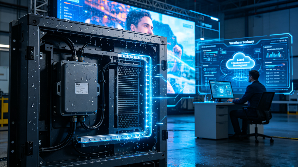 Outdoor LED display weatherproof cabinet, IP65 rating structure, waterproof connector, cooling system and cloud content management software	