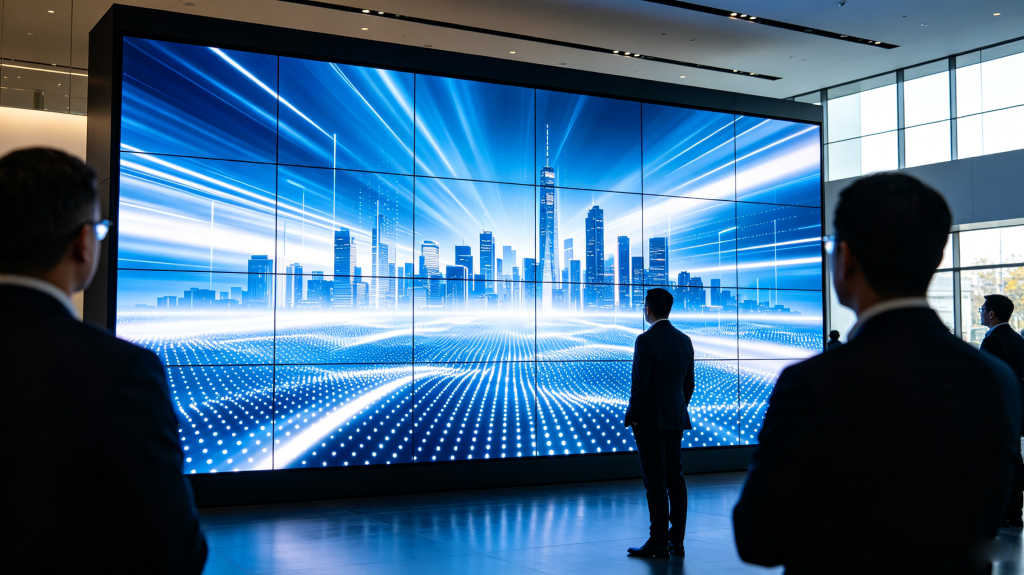 Panel display LED wall in modern commercial space, showing modular high-brightness screen with vivid blue-white content and business audience