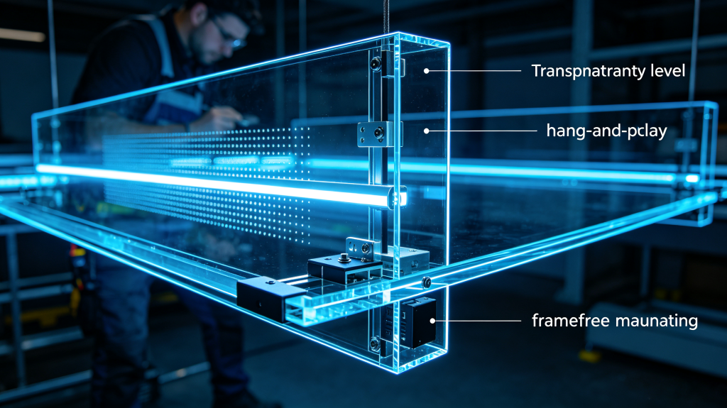 Transparent LED screen structure detail showing glass panel, LED strips, see-through area, hang-and-play mounting, frameless installation and power module