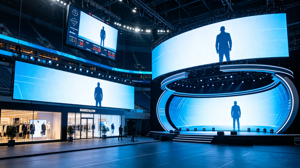 Panel display LED commercial applications: sports venue scoreboard, retail storefront display, corporate event stage and broadcast studio backdrop