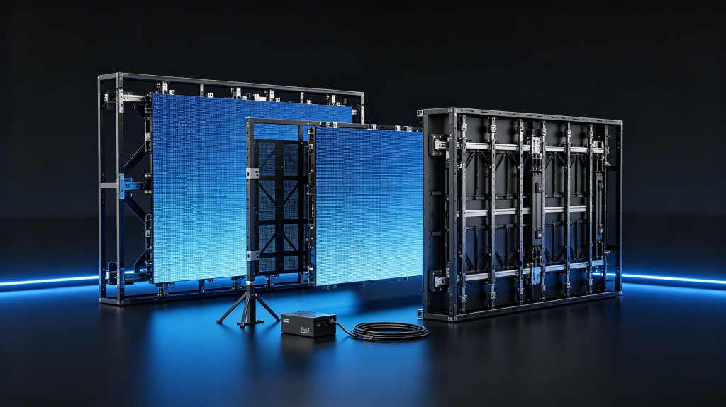 Panel display LED cabinet design comparison showing fixed cabinet, rental cabinet, magnetic mounting, power supply and installation structure