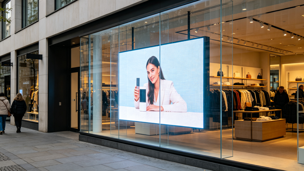 Transparent LED screen installed on modern retail storefront glass window, showing semi-transparent advertising content while keeping interior products visible