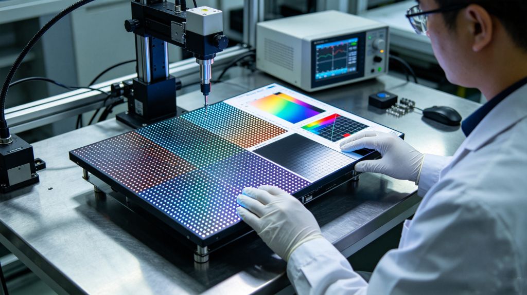 Technician testing panel display LED pixel pitch, color accuracy, grayscale performance and brightness in a professional laboratory