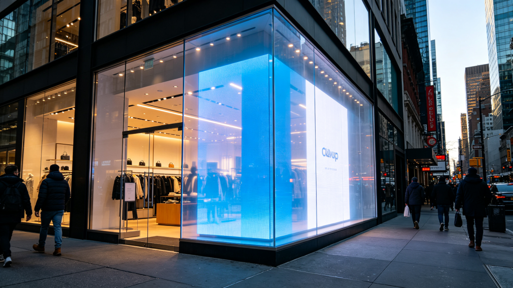 Transparent LED display on a retail storefront window, displaying bright advertisement content in daylight while customers can see inside the shop