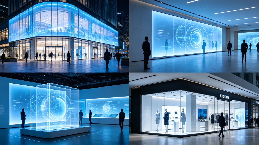 Transparent LED screen applications for shopping mall glass facade, corporate lobby display, museum interactive exhibit and brand storefront window