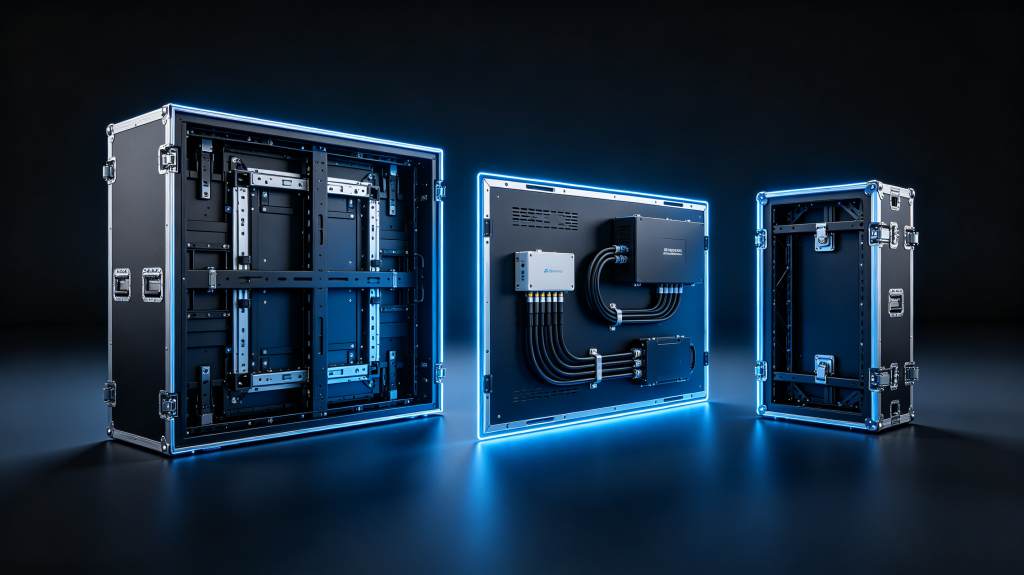 LED cabinet display types comparison showing fixed cabinet, rental cabinet, magnetic mounting, power supply, control box and quick-lock installation structure
