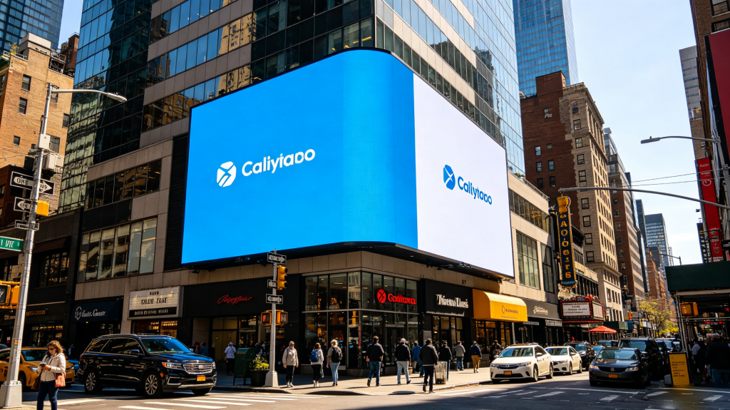 Outdoor LED display installed on a commercial building facade in a city business district, showing bright advertisement content visible under direct sunlight	