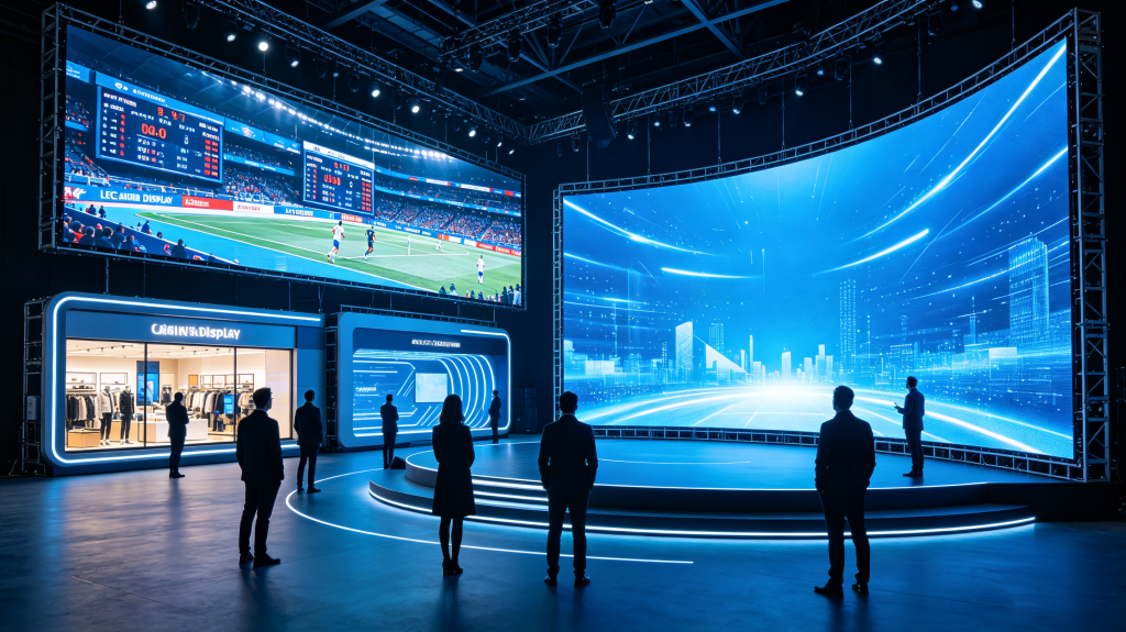 LED cabinet display applications for sports venue scoreboard, retail storefront advertising, corporate event stage and broadcast studio backdrop
