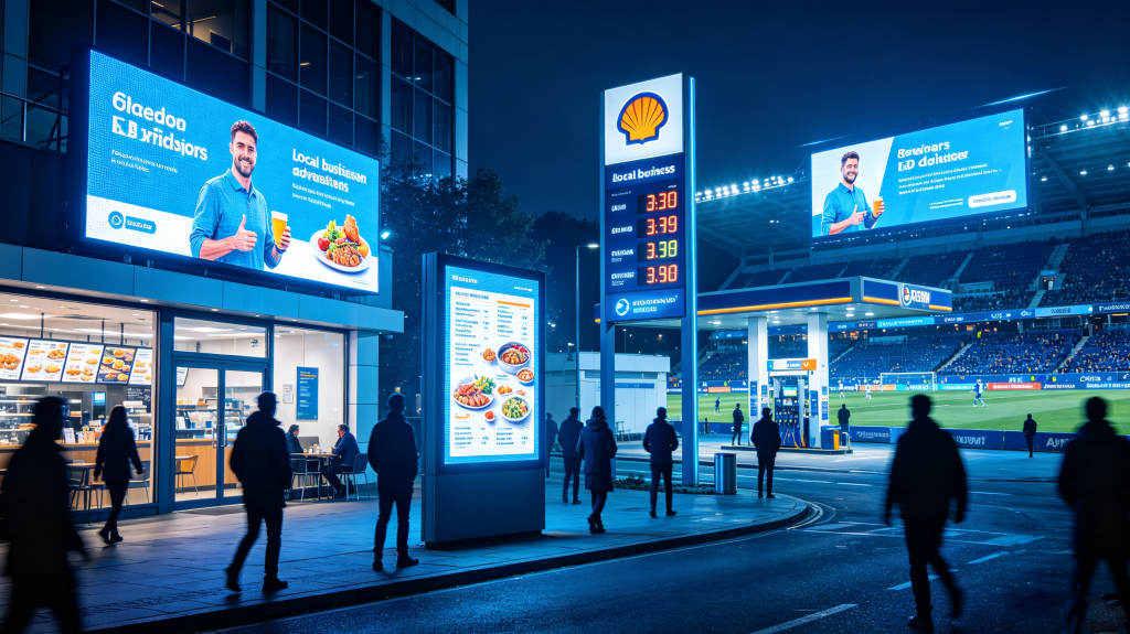 Outdoor LED display applications for retail storefront advertising, restaurant menu board, gas station price display and sports venue scoreboard	