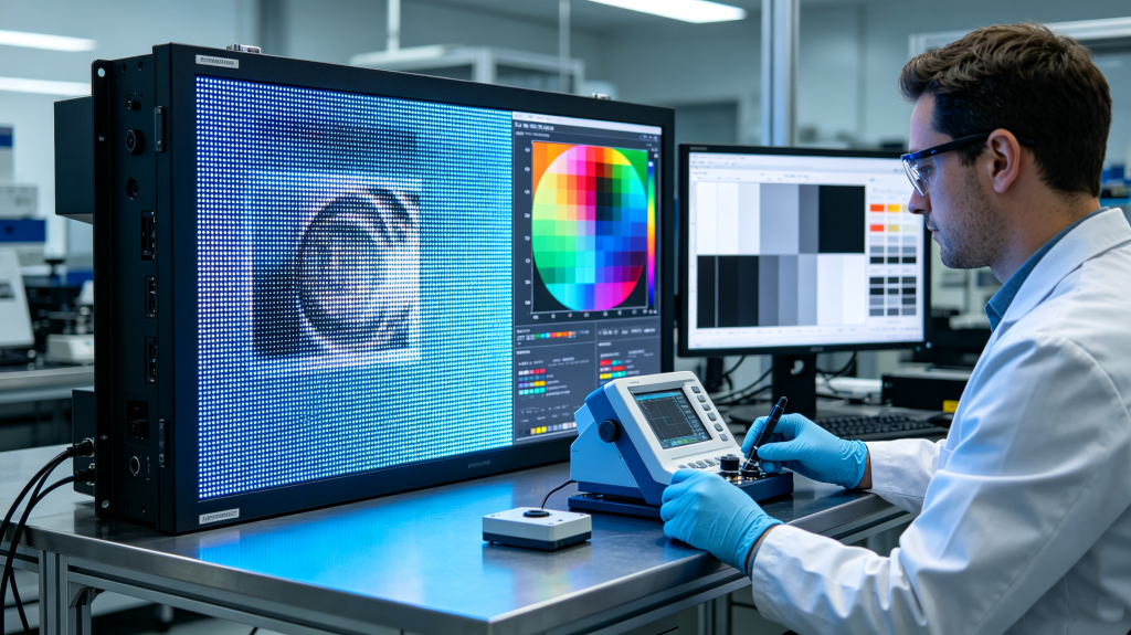 Technician testing LED cabinet display brightness, color accuracy, grayscale, refresh rate and pixel consistency in a professional laboratory
