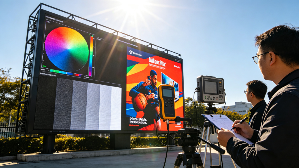 Technician testing outdoor LED display brightness, pixel pitch, resolution and color clarity under strong sunlight with a luminance meter	
