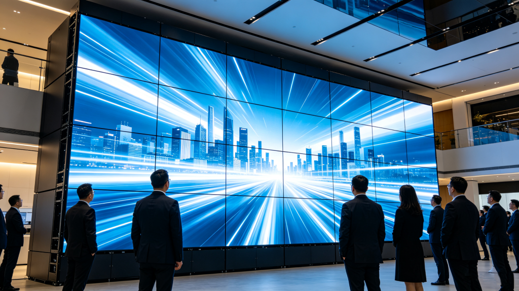 LED cabinet display wall in modern commercial space, showing complete cabinet structure, modular panels and bright high-definition content
