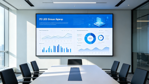 P3 LED screen installed in a modern conference room, showing clear presentation content, data charts and bright commercial display quality