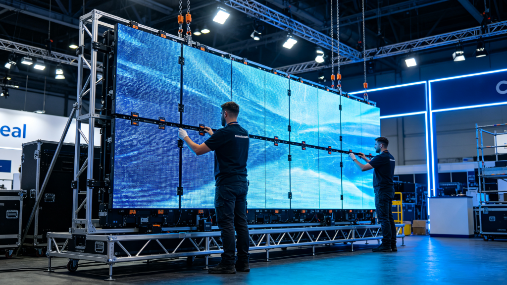 Rental LED screen control system setup with media server, video processor, sending card, receiving card, cables and live content monitoring