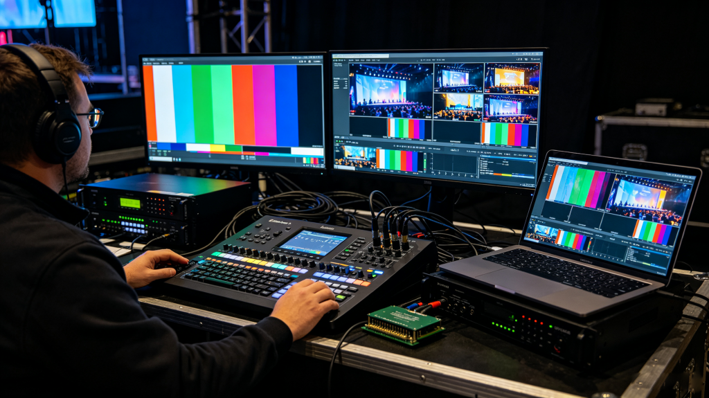Rental LED screen installation showing lightweight cabinets, quick locks, magnetic modules, truss mounting and on-site setup