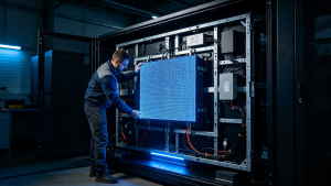 P3 LED screen modular structure showing removable LED modules, power supply, cooling system and easy maintenance design