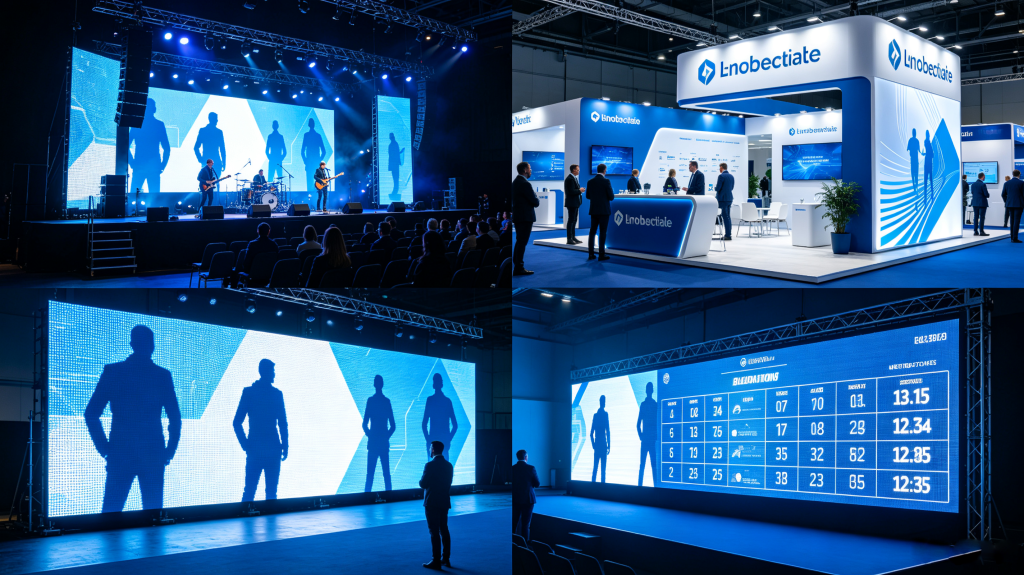 Rental LED screen applications for concert stage backdrop, exhibition booth signage, corporate event presentation and sports event scoreboard