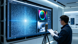 Technician testing P3 LED screen pixel pitch, brightness, resolution and color accuracy in an indoor showroom