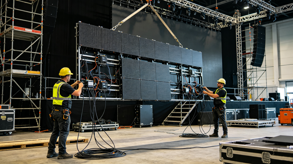 Technicians assemble LED rental panels and cabinets on venue trussing for temporary event screen