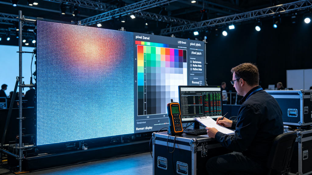 Technician testing brightness and display effect of LED panel rental before event opening