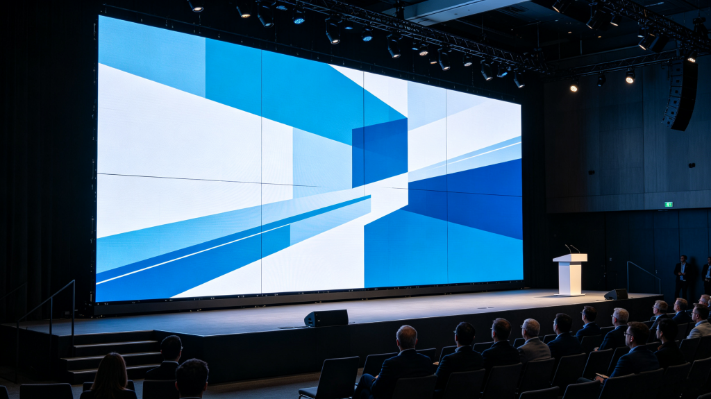 LED panel rental large screen installed on stage for corporate launch event, bright vivid display
