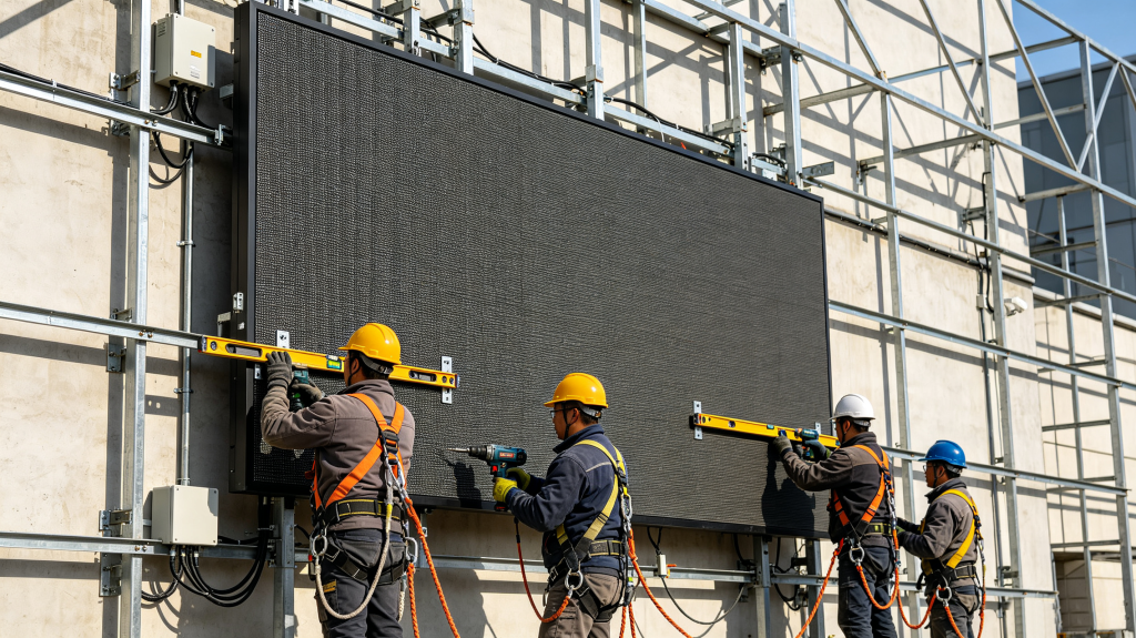 Technicians installing outdoor LED panel on steel frame at building facade, showing professional mounting and wiring