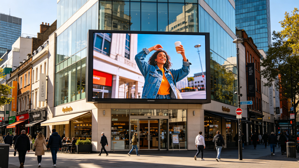 Outdoor LED panel installed on building facade for bright daylight advertising and business visibility