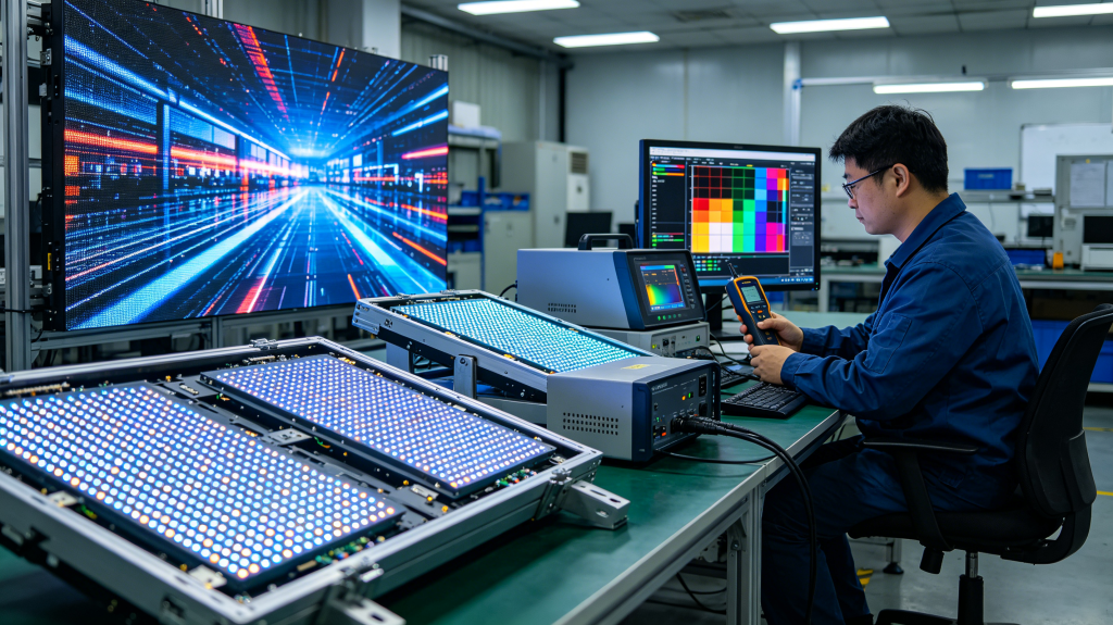 Technician testing indoor LED screen pixel pitch, brightness and color accuracy in workshop	