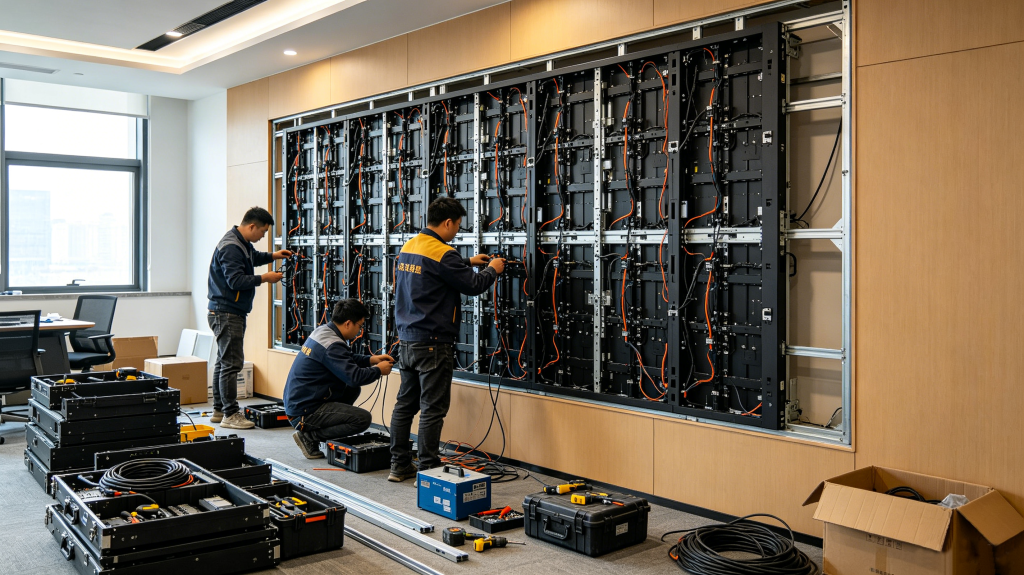 Indoor LED screen cabinet design, magnetic mounting and installation structure on site	
