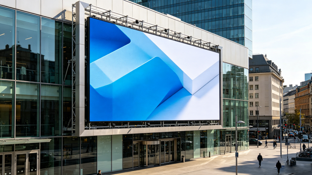 Real installed LED screen on commercial building facade for outdoor advertising