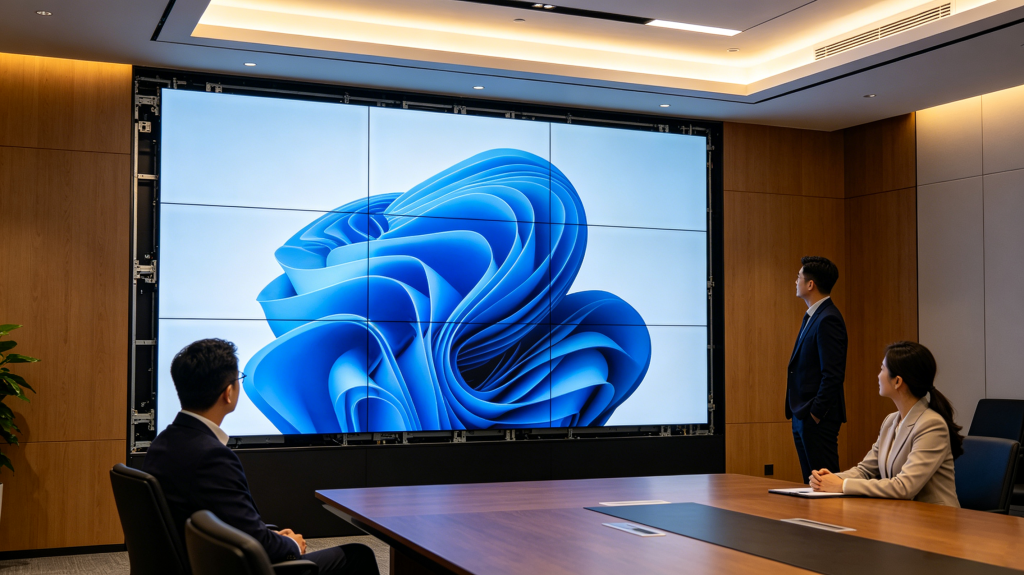 Large indoor LED screen installed in modern conference room for business presentations	